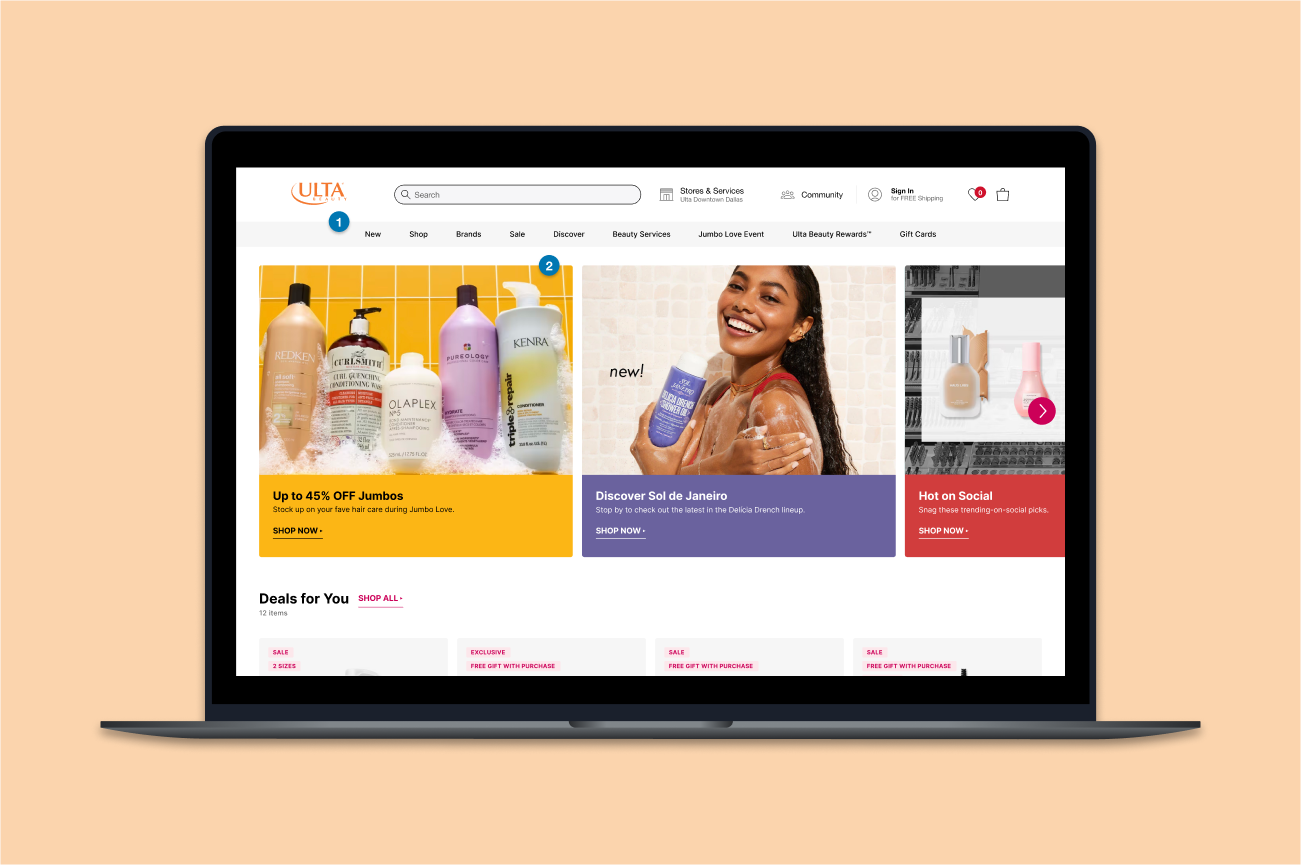 Ulta Beauty navigation and header section redesign