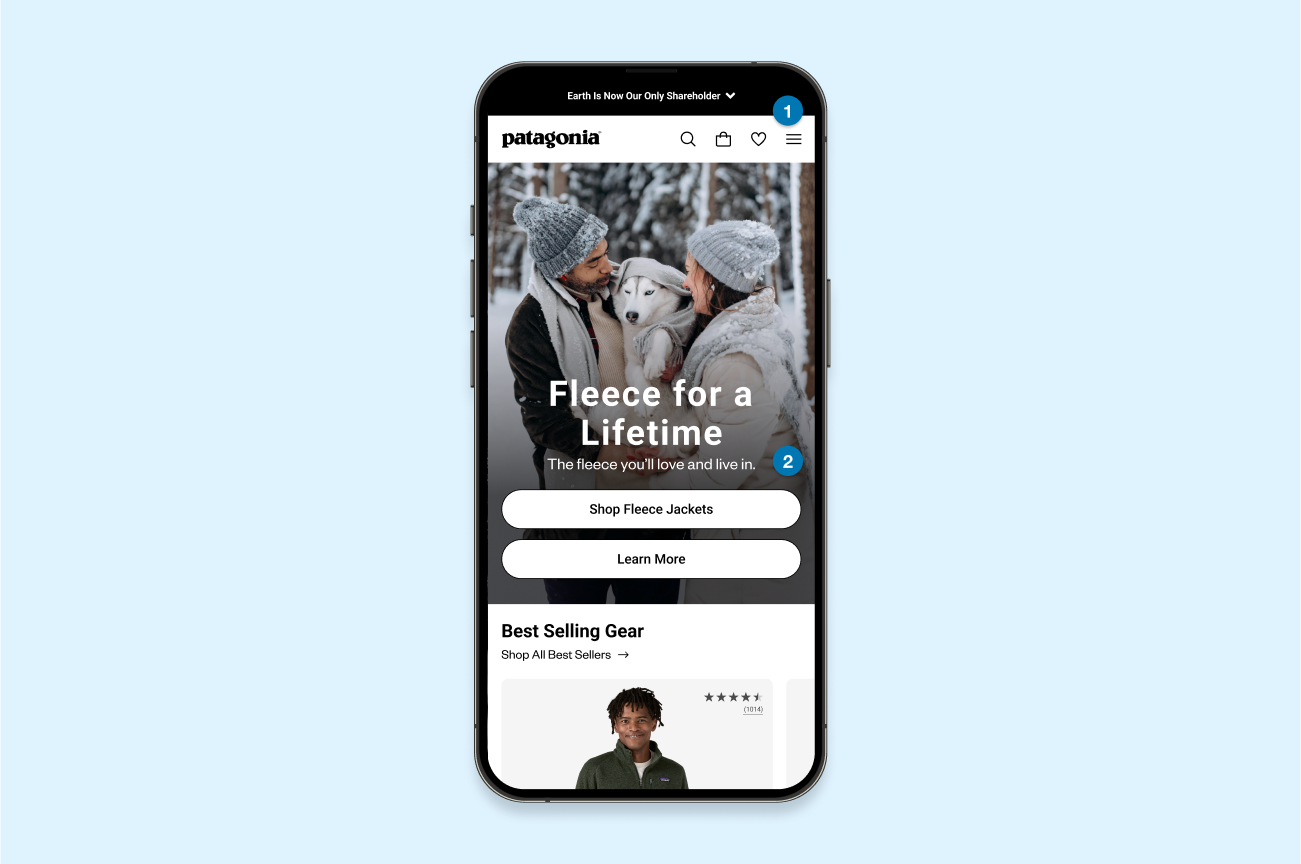 Patagonia navigation and header section mobile redesign